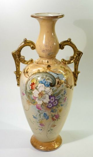 Antique Franz Ant Mehlem Bonn Am Rhein Floral Painted & Gilded Vase