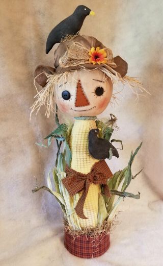 Handmade Primitive Scarecrow Cornstalk Doll With Crows - Fall Centerpiece 1
