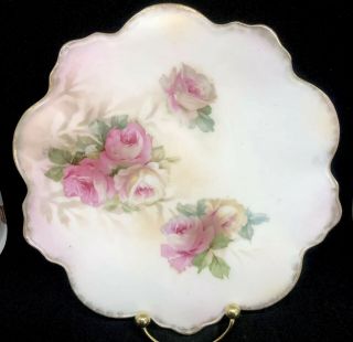 Rs Prussia Red Mark Antique 8 Inch Plate W/ Pink Roses And Gold Trim