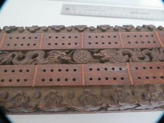 Antique Carved Wood Cribbage Board Asian Art Collectable Dovetail Drawer