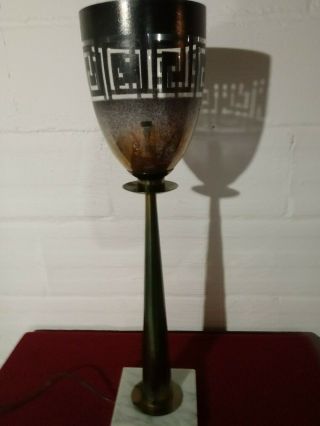 Fantastic Mid Century Marble And Red Brass Lamp With Hand Painted Shade