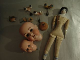 Antique Doll Heads German,  Wooden French Glass Eyes Etc