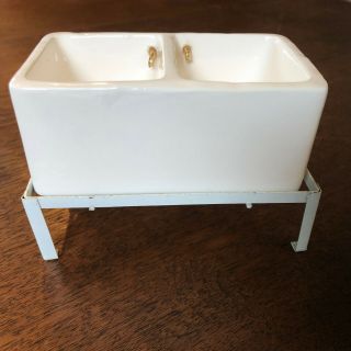 Vintage Sonia Messer Porcelain Deep Double Laundry Sink On Metal Stand