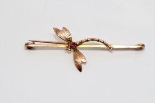 A Pretty Antique Edwardian 9ct 375 Rose Gold Ruby Dragonfly Brooch 13818
