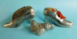 3x Antique White Metal Sewing Pin Cushions Shoes & Hen Chicken 1900s