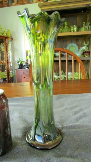 Antique Fenton Green Carnival Glass Long Thumbprint 11 " Swung Vase