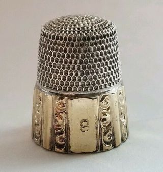 Vintage Sewing Sterling Silver Thimble Gold Band Ornate Scrolls Size 8
