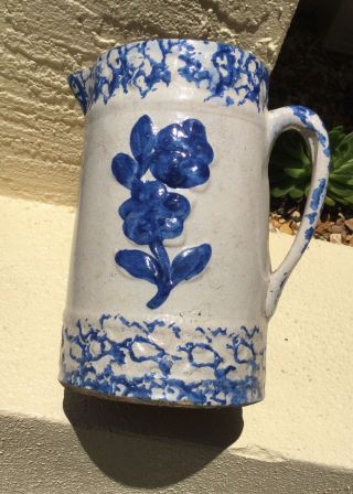 Charming Antique Blue Spongeware Stoneware Pottery Pitcher With Pretty Flowers