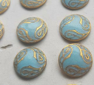 Gorgeous Antique Art Nouveau Butttons Egg Shell Blue & Gold French