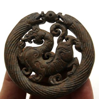 P119 Antique China Han Dynasty Old Jade Double Dragon Beast Amulet Pendant 2.  7 "