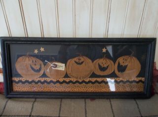 Primitive Handmade Halloween Picture - Cut Out Paper Jack - O - Lanterns In Frame