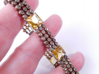 Antique Art Deco Signed CZECH Yellow Faceted Glass Open Back Rhinestone Bracelet 6