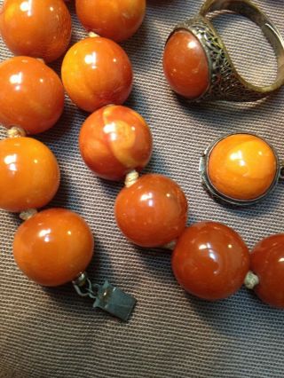Antique Chinese Butterscotch Amber Round Bead Necklace Silver Ring Set