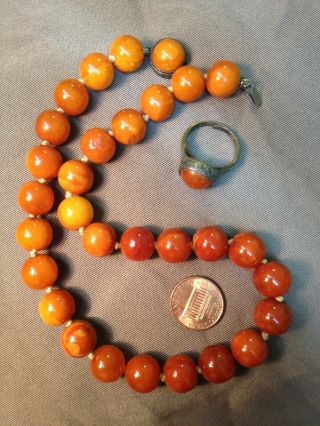 ANTIQUE CHINESE BUTTERSCOTCH AMBER ROUND BEAD NECKLACE SILVER RING SET 2