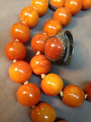 ANTIQUE CHINESE BUTTERSCOTCH AMBER ROUND BEAD NECKLACE SILVER RING SET 3
