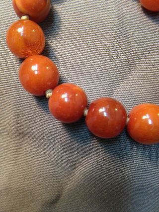 ANTIQUE CHINESE BUTTERSCOTCH AMBER ROUND BEAD NECKLACE SILVER RING SET 5