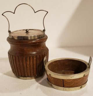 Antique Wooden Ice Bucket (epns Marked Lid - Silver) And Wine Coaster
