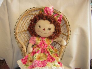 Primitive Raggedy Ann Doll 15 Inches Tall Handmade Annie Flowers