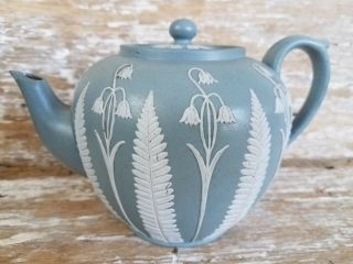 Antique Dudson Pottery Smear Glazed Sprigged Tea Pot Bell Flowers Fern Leaf