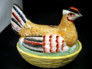 Antique Staffordshire Hand Painted Bisque Hen - On - A - Nest Covered Dish Circa 1890