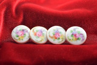 4 Antique Hand Painted Limoges Porcelain Button Roses/violets Gilt Trim 16mm