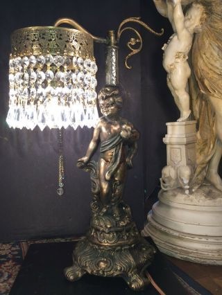 Fine Antique Tall French Gilt Bronze Cherub Lamp W/ Austrian Crystals C1920s