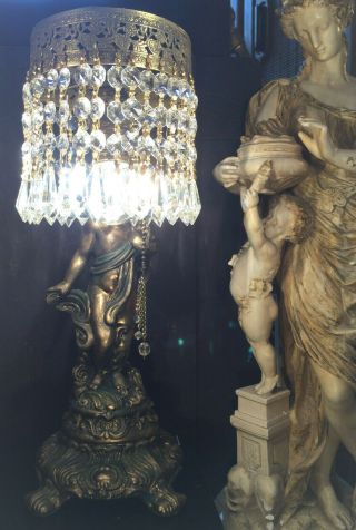 FINE ANTIQUE TALL FRENCH GILT BRONZE CHERUB LAMP W/ AUSTRIAN CRYSTALS c1920s 2