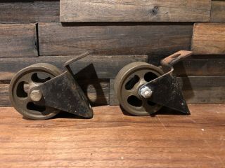 Antique Cast Iron 2 - 1/2 " Caster Wheels W/ Mounting Brackets Industrial Cart