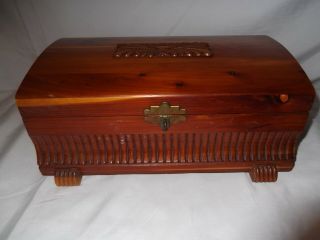Gorgeous solid wood vintage carved cedar box,  1940 ' s hinged lid,  brass hardware 2