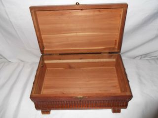 Gorgeous solid wood vintage carved cedar box,  1940 ' s hinged lid,  brass hardware 3