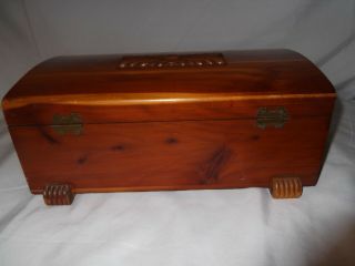 Gorgeous solid wood vintage carved cedar box,  1940 ' s hinged lid,  brass hardware 5