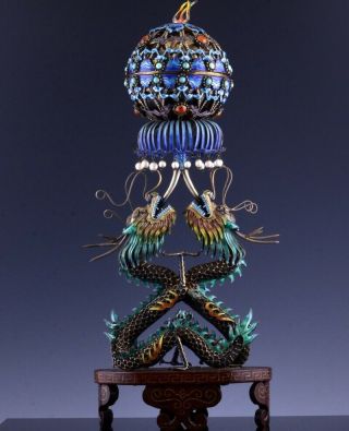 Great Chinese Filigree Gilt Sterling Silver & Enamel Dragon Figural Censer Vase