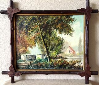 Oil Painting In Antique Adirondack Black Forest Picture Frame