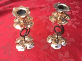 Stunning Copper And Steel Arts And Crafts Floral Candlesticks Nouveau