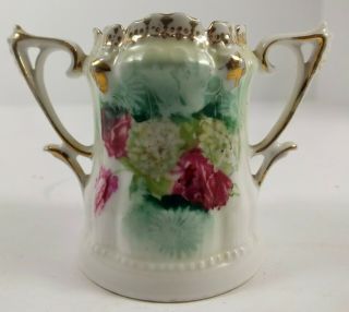 Antique Rs Prussia Porcelain 2 Handled Toothpick Holder W/ Fancy Top Edge & Gold