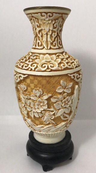 Vintage Chinese Carved Ivory White Cinnabar Vase