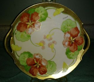 Antique A Lanternier Limoges Hand Painted Poppy Handled Cake Plate Signed Duval 2