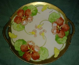 Antique A Lanternier Limoges Hand Painted Poppy Handled Cake Plate Signed Duval 3