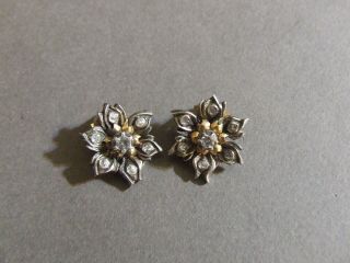 Antique Silver Tone And Rolled Gold Diamond Chip Flower Clip On Earrings