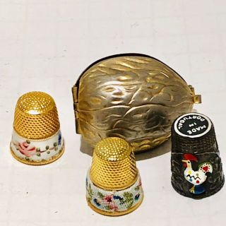 3 Antique Sewing Thimbles Gold Fill Enamel Petit Point & Chicken,  Walnut Case