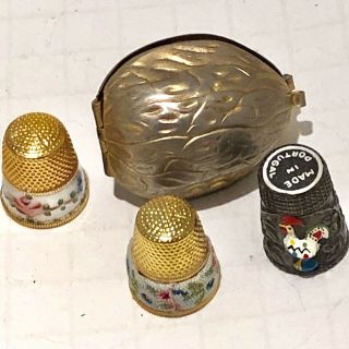 3 Antique Sewing THIMBLES Gold Fill Enamel Petit Point & Chicken,  Walnut Case 2