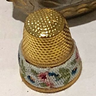 3 Antique Sewing THIMBLES Gold Fill Enamel Petit Point & Chicken,  Walnut Case 5