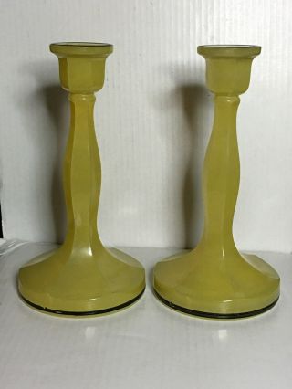 2 Art Deco Yellow Glass Candle Sticks,  Black Stripes,  Probably Czechoslavakia