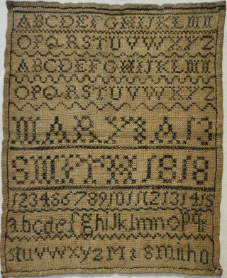 Small Early 19th Century Blue Stitch Work Alphabet Sampler By Mary Smith - 1818