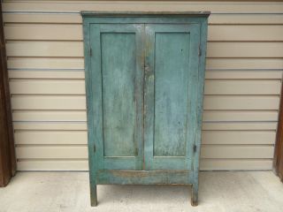 Exceptional 19th C Old Early Primitive Blue / Green Paint Cupboard