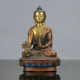 Old Chinese Brass Gilt Hand Carved Dragon Buddhism Medicine Buddha Statue