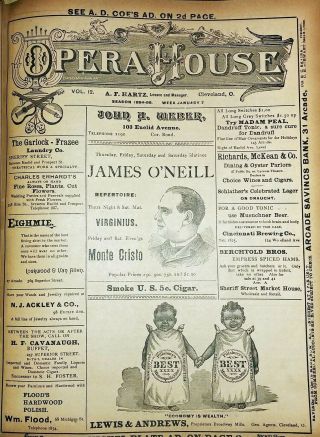 75,  Antique Theatre Programs Clevland Opera House 1894 - 95 James O ' Neill etc etc 4