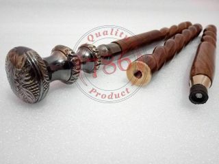 Maritime Antique Style Brass Wood Victorian Walking Stick Cane Spiral Carved
