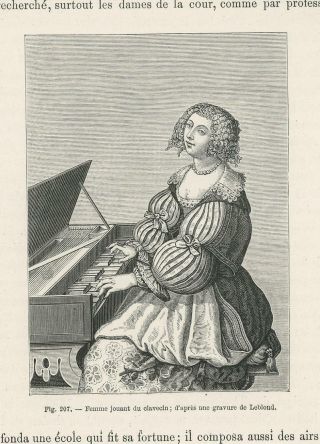 Antique Girl Playing Harpsichord Renaissance Costume Dress Miniature Old Print