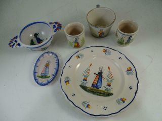 Antique 1800s French Quimper France Plate Bowl Tray Dish Set Vintage Pottery Old